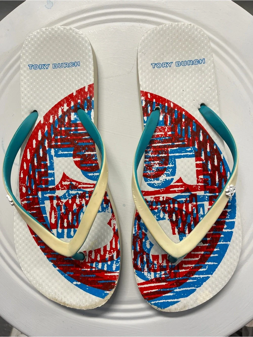 Tory Burch White Flip Flops with Red & Blue Graphic and Cream/Teal Straps